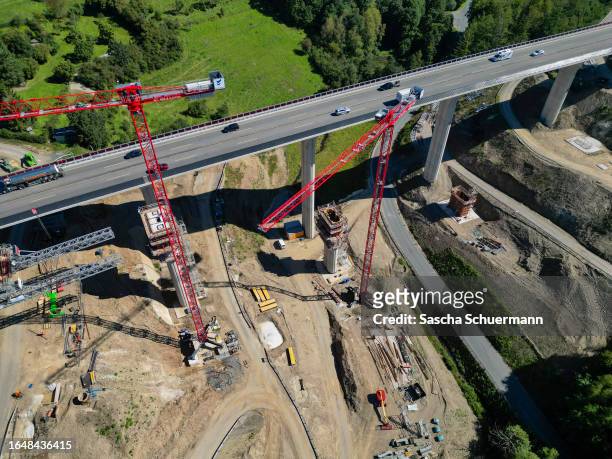 Workers prepare the Eisern viaduct (Talbrücke Eisern9 on the A45 highway for renewal, on September 06, 2023 near Siegen, Germany. Germany is...