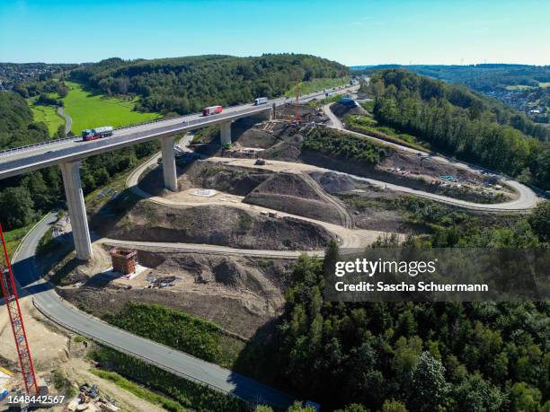 Workers prepare the Eisern viaduct (Talbrücke Eisern9 on the A45 highway for renewal, on September 06, 2023 near Siegen, Germany. Germany is...