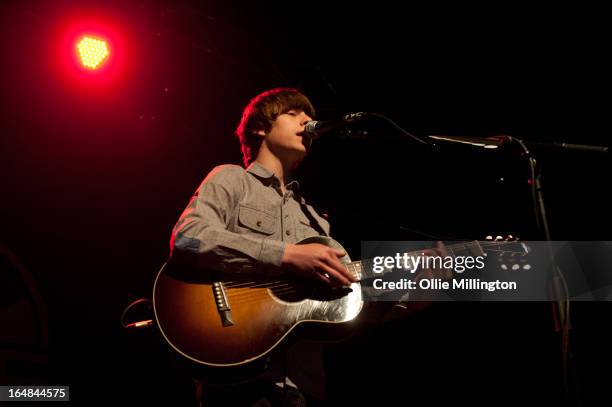 Jake Bugg performs onstage during his March 2013 UK tour at o2 Academy on March 28, 2013 in Leicester, England.