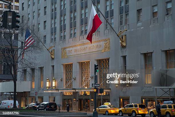 General view of the exterior facade of the Waldorf-Astoria Hotel on March 27, 2013 in New York City.