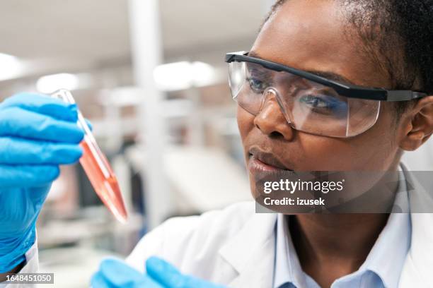 female researcher wearing protective eyeglasses while examining chemical in test tube at laboratory - scientist at work stock pictures, royalty-free photos & images