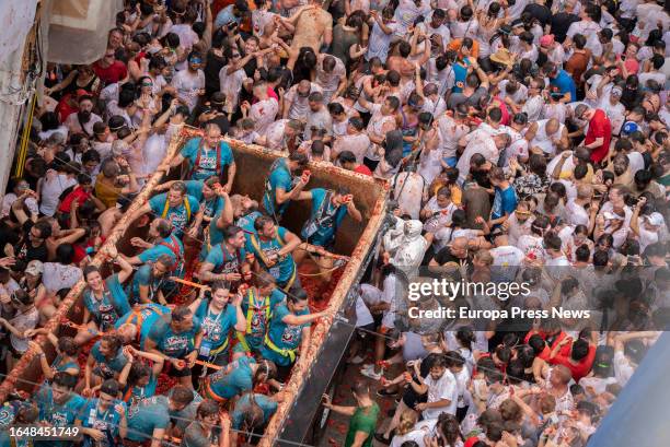 Hundreds of people during the festival of La Tomatina, on 30 August, 2023 in Buñol, Valencia, Valencian Community, Spain. La Tomatina has been...