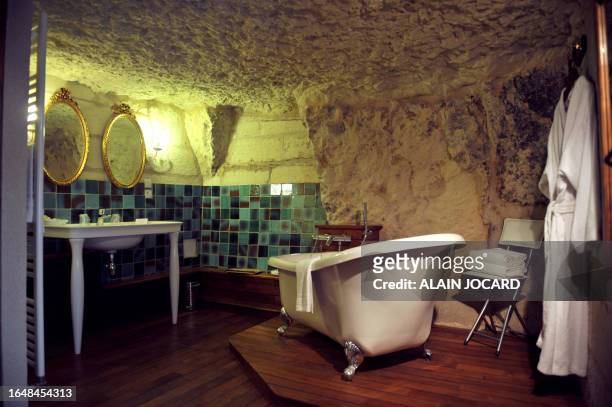 Partial view taken of the bathroom of one of the seven rooms of the three-star troglodyte hotel "La demeure de la vignoble" in Turquant, central...