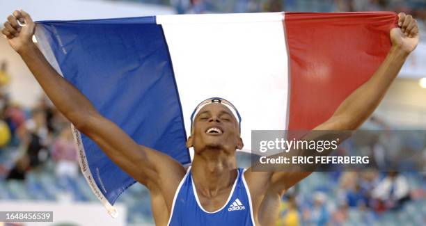 France's Marc Raquil celebrates after winning the Men's 400m final at the 19th European Athletics Championships in Gothenburg, Sweden, 09 August...
