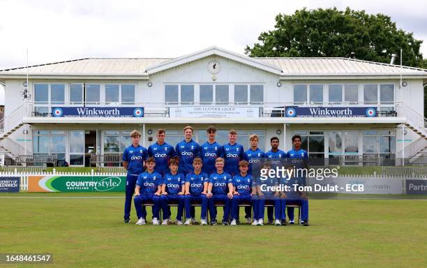 Players of England U19 pose for photographs during England U19 training at The County Ground on August 30, 2023 in Beckenham, England.