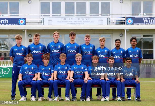 Players of England U19 pose for photographs during England U19 training at The County Ground on August 30, 2023 in Beckenham, England.