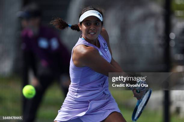 Ankita Raina of India plays a backhand in the Women's Singles second round match against Jule Niemeier of Germany during the 2023 ITF World Tennis...