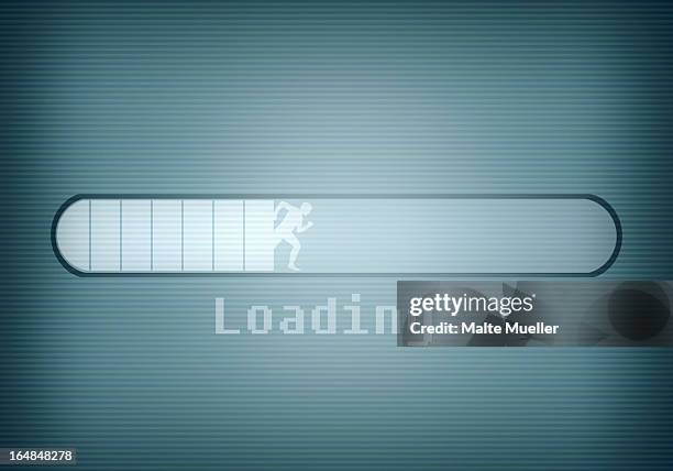 a computer message showing a loading bar and a silhouetted man running - people process technology silhouette stock-grafiken, -clipart, -cartoons und -symbole