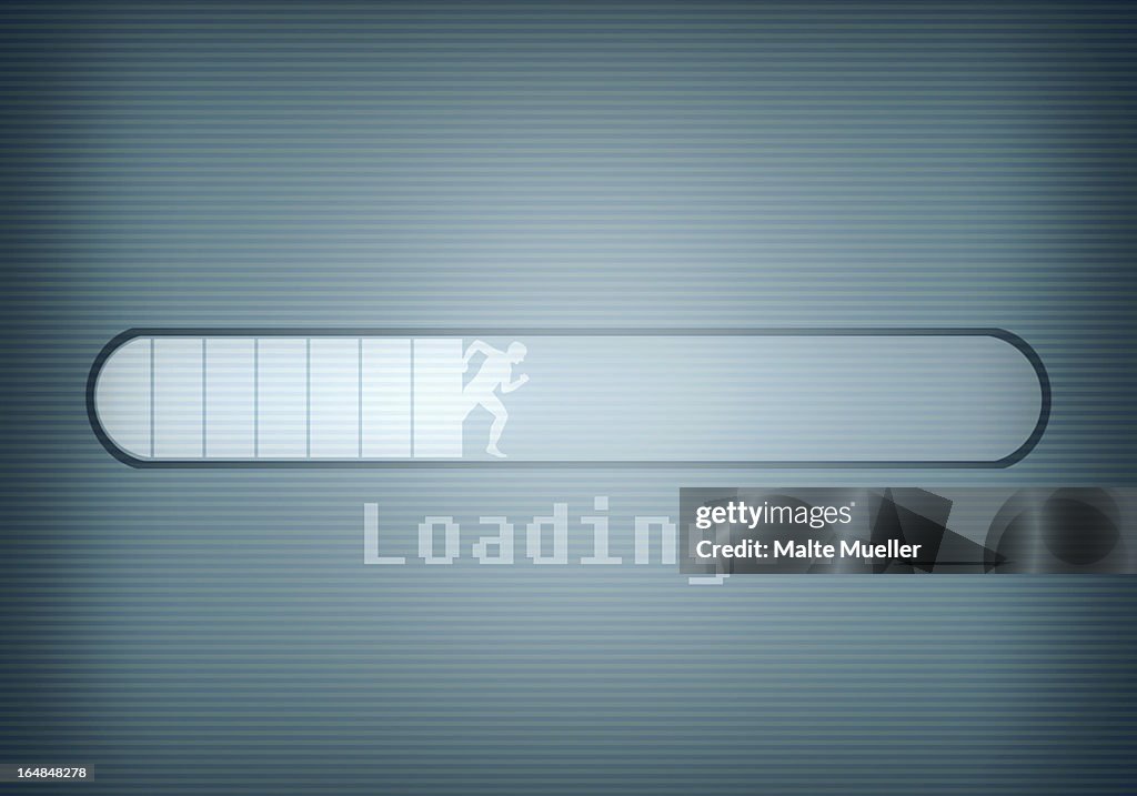 A computer message showing a loading bar and a silhouetted man running