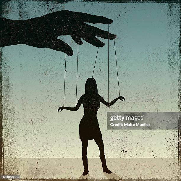 a silhouetted woman being controlled by a puppeteer - hand puppet stock-grafiken, -clipart, -cartoons und -symbole