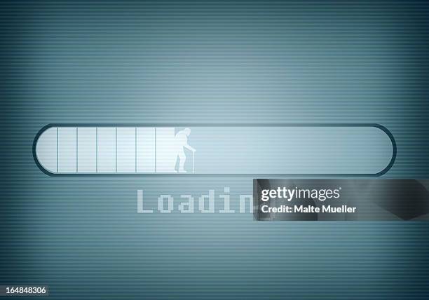 a computer message showing a loading bar and a silhouetted older man walking with cane - one man only stock illustrations stock-grafiken, -clipart, -cartoons und -symbole