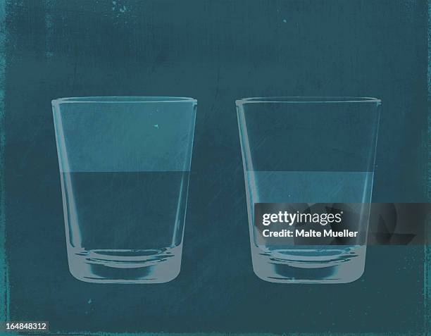 a half full glass of water next to a half empty glass of water - drinking glass stock illustrations