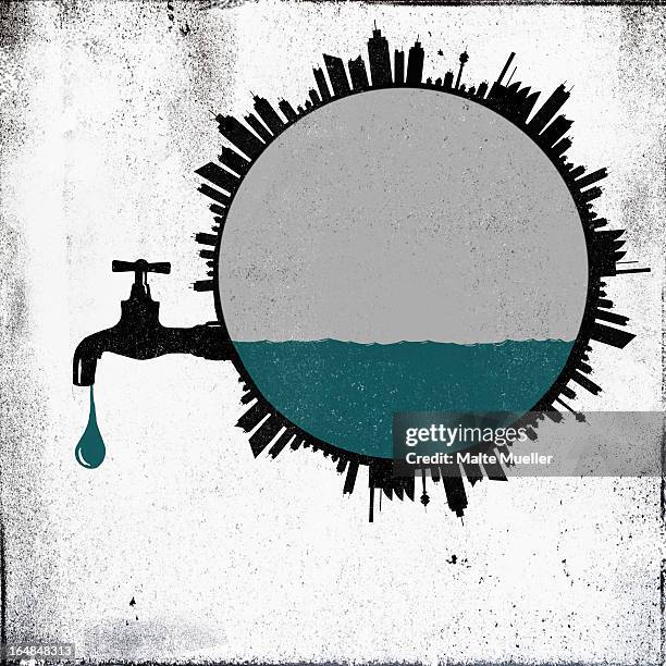 stockillustraties, clipart, cartoons en iconen met buildings in a circle, around the world with a faucet dripping water - leaking