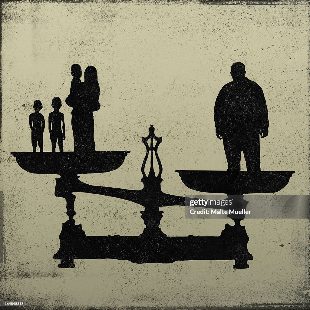 Silhouette of a big man on one end of a scale and a women and kids on the other
