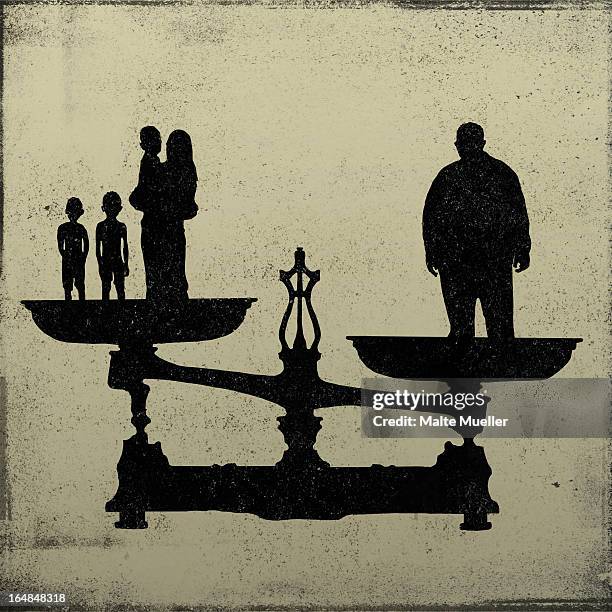 silhouette of a big man on one end of a scale and a women and kids on the other - unfairness stock illustrations