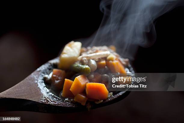 detail of vegetable stew on a wooden spoon - stew fotografías e imágenes de stock