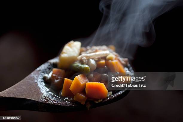 detail of vegetable stew on a wooden spoon - stewing stock pictures, royalty-free photos & images