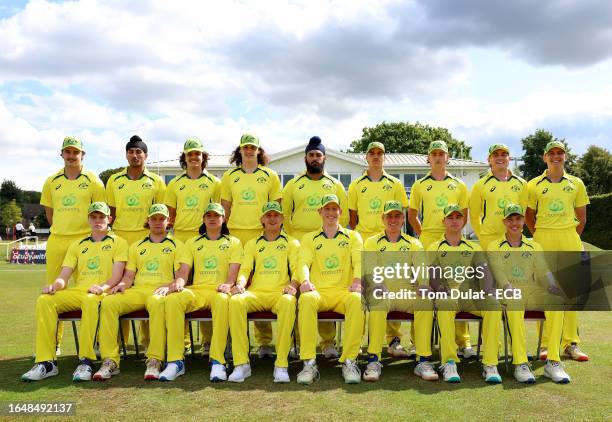 Players of Australia U19 pose for a team photo during England U19 training at The County Ground on August 30, 2023 in Beckenham, England.