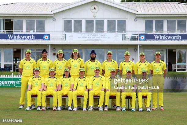 Players of Australia U19 pose for a team photo during England U19 training at The County Ground on August 30, 2023 in Beckenham, England.