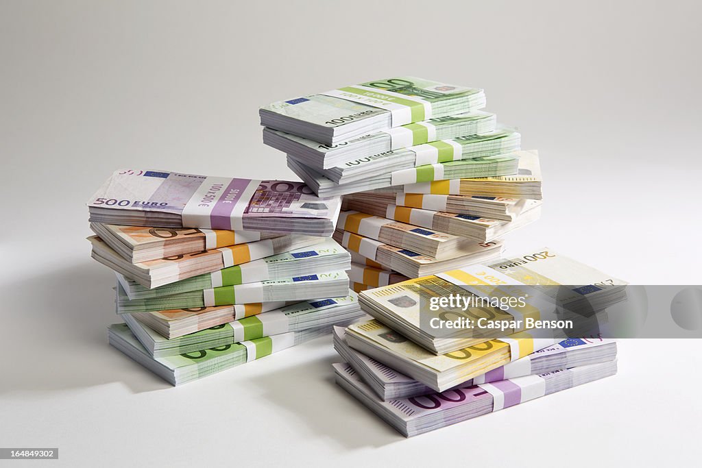 Stacks of large billed Euro banknotes