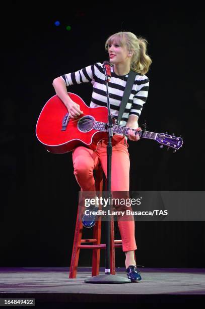 Singer Taylor Swift performs onstage at the Prudential Center on March 28, 2013 in Newark, New Jersey. Seven-time GRAMMY winner Taylor Swift plays 3...