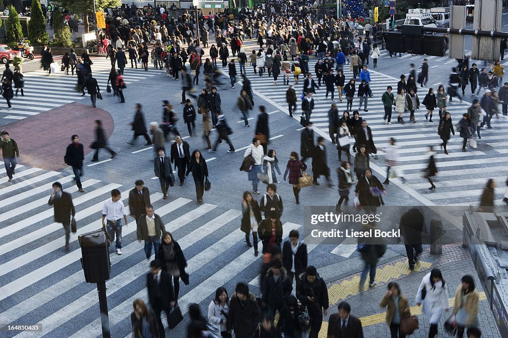 Crowd on pedestrian crossings in Shibuya, Japan