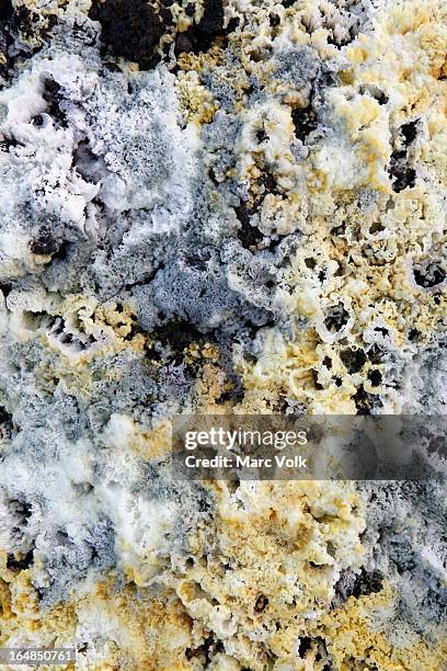 sulfur deposits from a solfatara, or sulfuric fumarole, anak krakatau volcano, full frame - anak krakatau stock-fotos und bilder