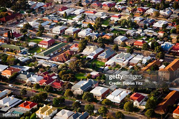 aerial view of a suburb - melbourne aerial view stockfoto's en -beelden