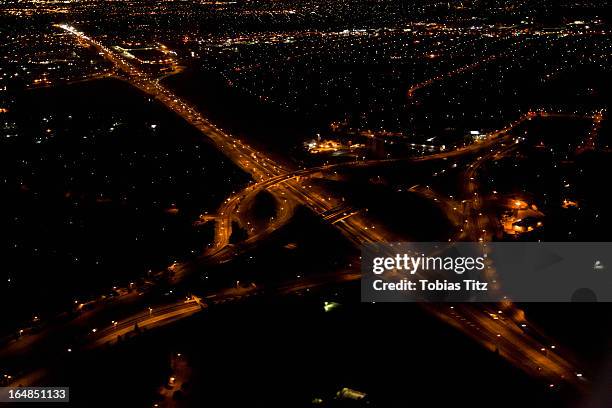 view of a highway interchange at night, melbourne, victoria, australia - elevated road stock pictures, royalty-free photos & images