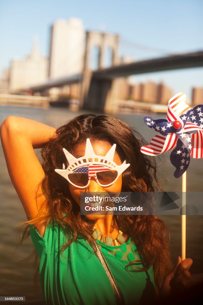 Woman with novelty sunglasses