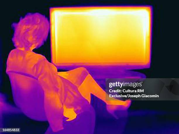 thermal image of woman and television - glow rm fotografías e imágenes de stock