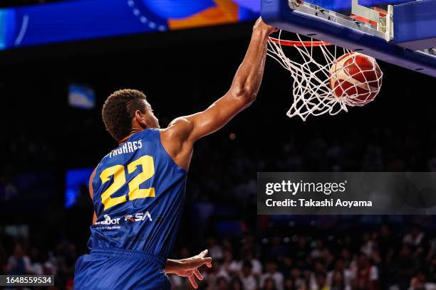 Edy Tavares of Cape Verde dunks the ball during the FIBA Basketball World Cup Group F game between Slovenia and Cape Verde at Okinawa Arena on August...