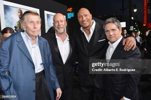 Viacom's Sumner Redstone, actors Bruce Willis, Dwayne "The Rock" Johnson and Paramount Pictures chairman and CEO Brad Grey attend the premiere of...