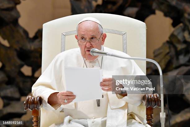 Pope Francis attends his weekly General Audience at the Paul VI Hall on August 30, 2023 in Vatican City, Vatican. .