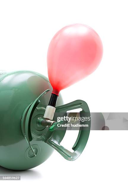 helium gas cylinder and balloon isolated on white background - helium stockfoto's en -beelden