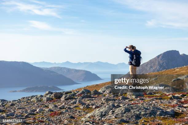 woman enjoys the norwegian countryside - moskenesoya stock pictures, royalty-free photos & images