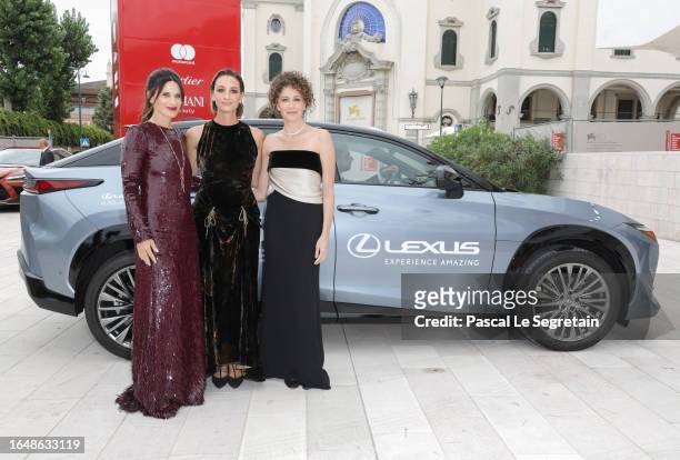 Valentina Cervi, Francesca Inaudi and Kseniya Rappoport arrive on the red carpet ahead of the "L'Ordine Del Tempo " screening during the 80th Venice...