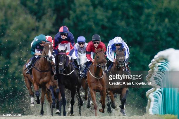 Fletcher Yarham riding All About Alice win The Racing League On Sky Sports Racing Amateur Jockeys' Handicap at Lingfield Park Racecourse on August...