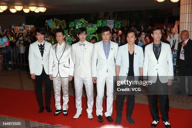 Actors Chun Wu, Raymond Lam, Vic Chou, Yu Bo, Ekin Cheng and Adam Cheng attend "Saving General Yang" premiere at Hong Kong Cultural Centre on March...