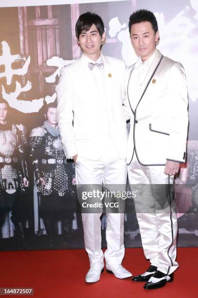 Actors Vic Chou and Raymond Lam attend "Saving General Yang" premiere at Hong Kong Cultural Centre on March 28, 2013 in Hong Kong, Hong Kong.