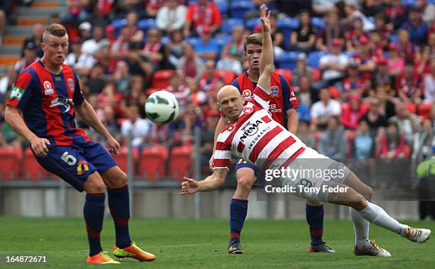 Dino Kresinger of the Wanderers takes a shot at goal during the round 27 A-League match between the Newcastle Jets and Western Sydney at Hunter...