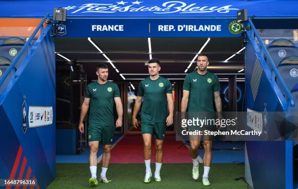 Paris , France - 6 September 2023; Enda Stevens, left, John Egan, centre, and Shane Duffy before a Republic of Ireland training session at Parc des...