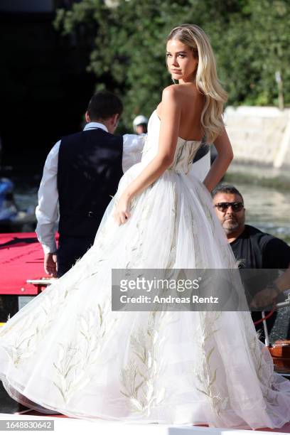 Millane Friesen arrives at the Hotel Excelsior pier for the 80th Venice International Film Festival 2023 on August 30, 2023 in Venice, Italy.