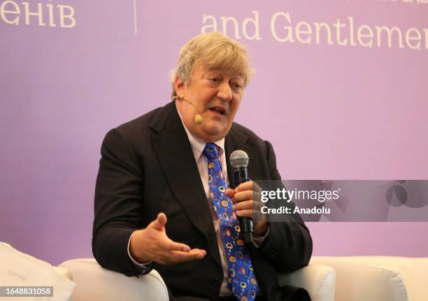 English actor and writer Stephen John Fry speaks during the Third Summit of First Ladies and Gentlemen led by Olena Zelenska in Kyiv, Ukraine, on...