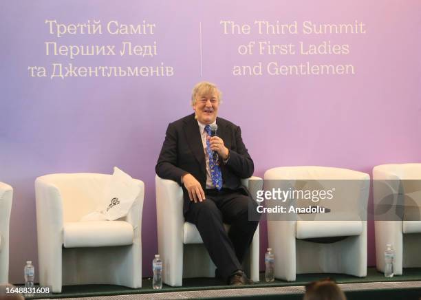 English actor and writer Stephen John Fry speaks during the Third Summit of First Ladies and Gentlemen led by Olena Zelenska in Kyiv, Ukraine, on...