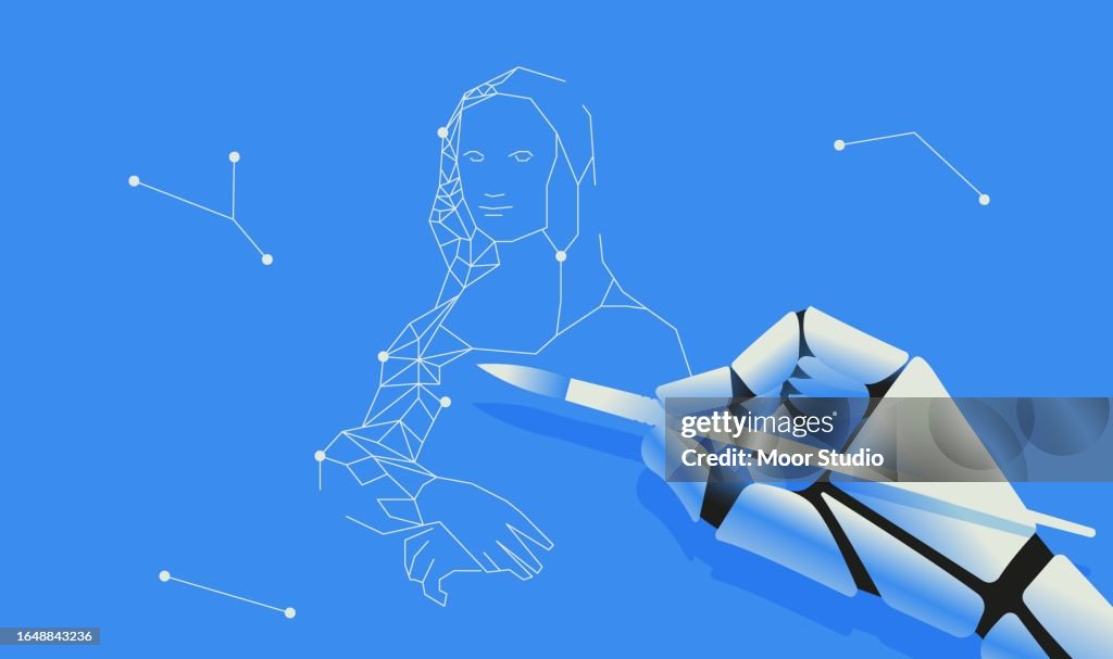 Robotic hand drawing Mona Lisa vector illustration