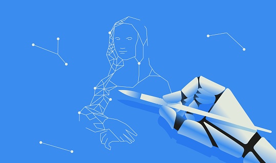 Robotic hand drawing Mona Lisa vector illustration fan promotion music strategy