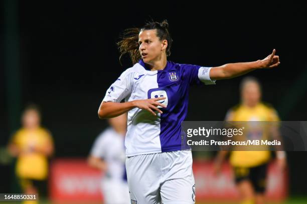 Laura De Neve of Anderlecht reacts during UEFA Women's Champions League First Qualifying Round First Leg match between Anderlecht and GKS Katowice on...