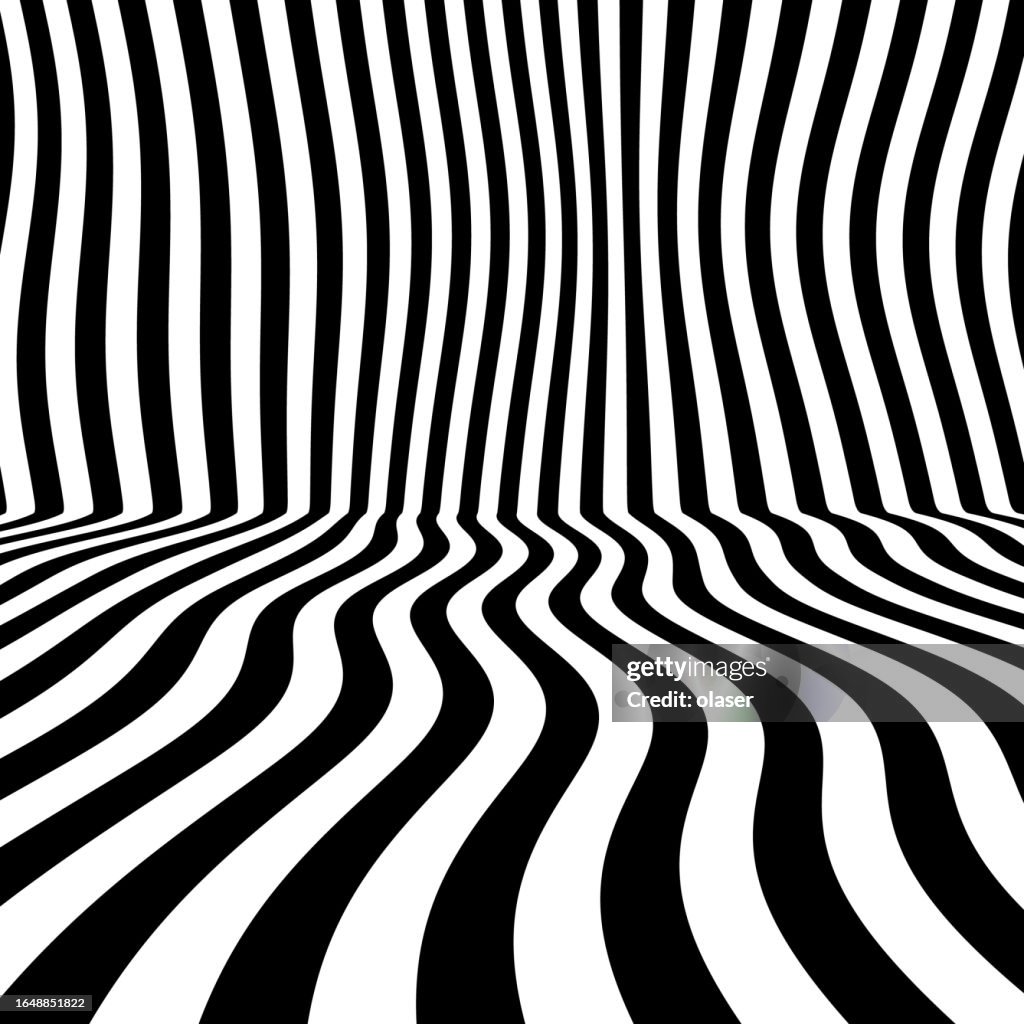 Uneven stripes curve from floor to wall in a corner, creating a 3D geometric pattern.