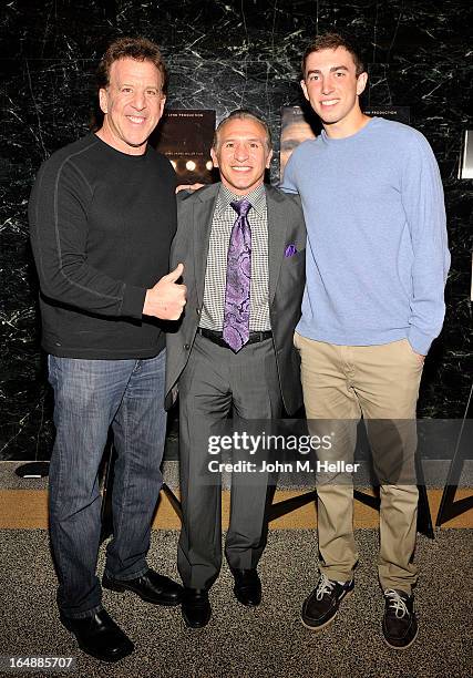 Fitness guru to the stars Jake Steinfeld, former WBA lightweight boxing champion Ray "Boom Boom" Mancini and Nick Steinfeld attend the screening of...
